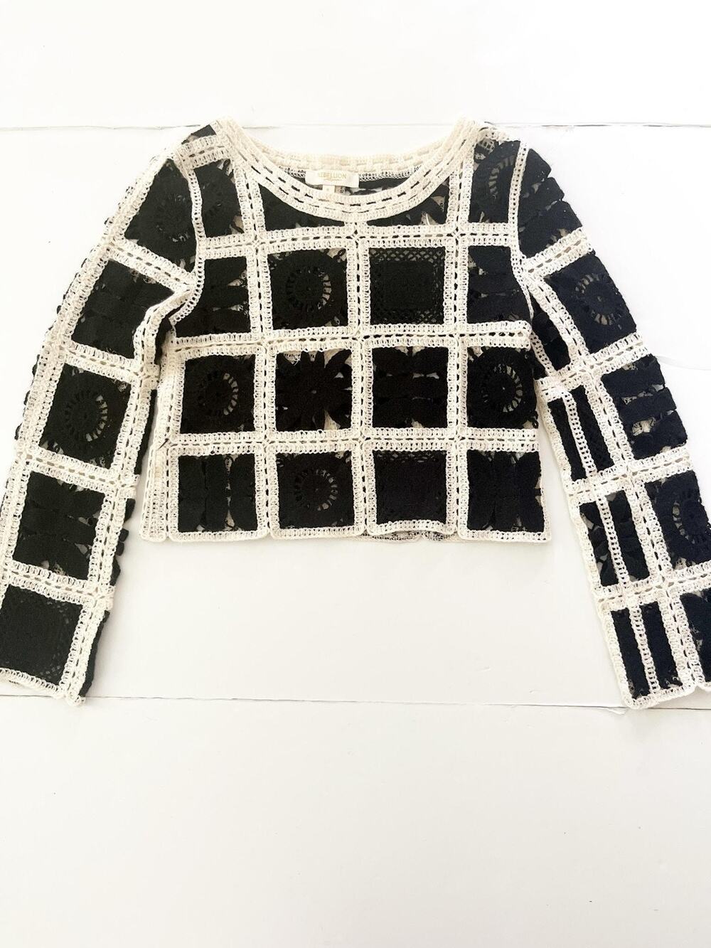 Rebellion Sweater Womens S Black Cream Crochet Open Knit Boho Long Sleeve Sheer